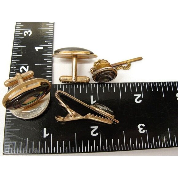 Vintage Cufflinks Round Gold Plated Abalone With Tie Tack And Tie Clip - Picture 5 of 14